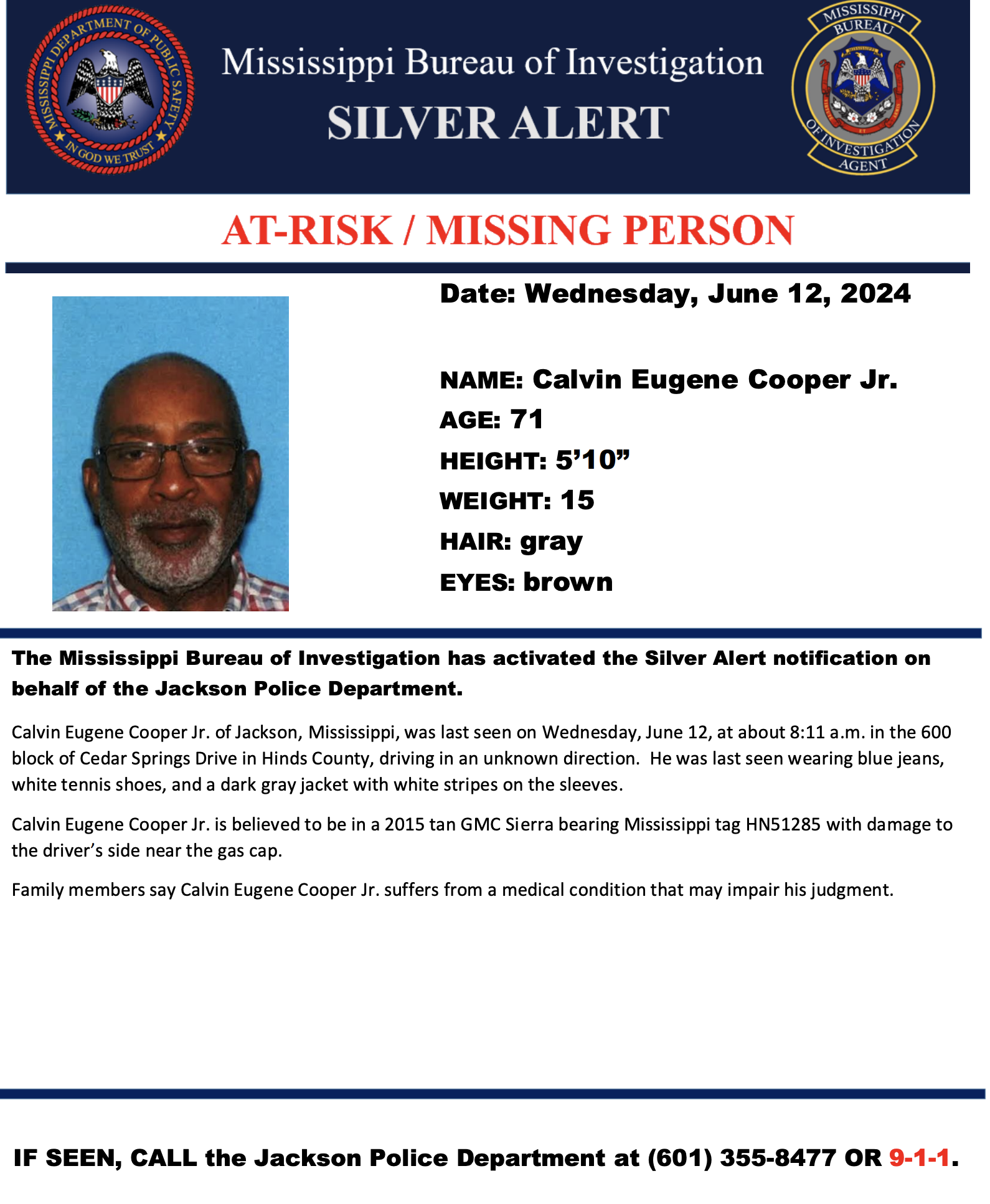 Silver Alert for Calvin Eugene Cooper, Jr.